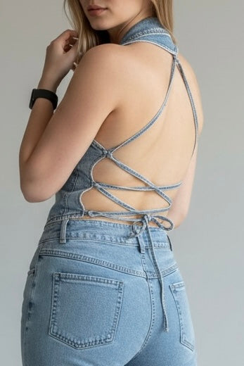 Studded Denim Two-Piece Set