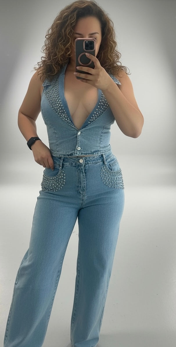 Studded Denim Two-Piece Set